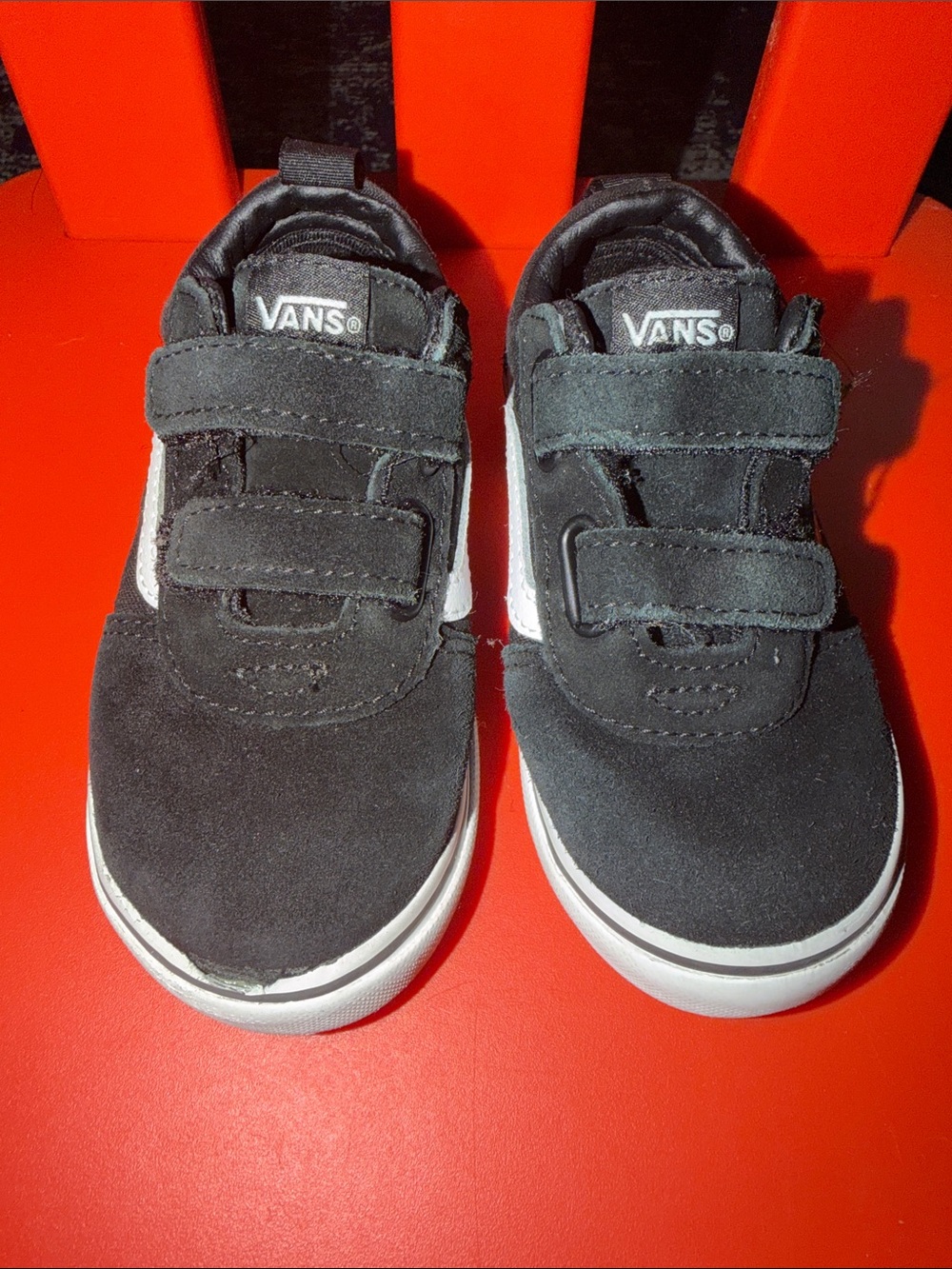 Vans Kids Black Suede Velcro Sneakers with White Stripe